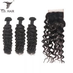 TD Hair 3PCS Brazilian Remy Water Wave Bundles With 4x4 Swiss Lace Closure Natural Color 100% Human Hair Cuticle Aligned
