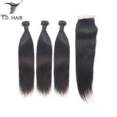 TD Hair Grade 9A Brazilian Straight Weave Bundles With 4*4 Transparent Swiss Lace Closure 100% Human Hair Natural Color