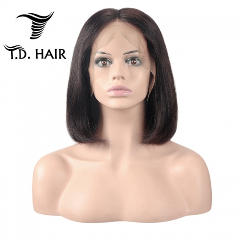 TD Hair 13*4 Frontal Lace Short Bob Wig 180% Density Pre-Plucked Peruvian Brazilian Human Hair 1B# Natural Color Remy Wigs
