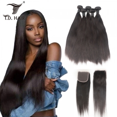 TD Hair 3PCS Peruvian Brazilian Remy Straight Hair Bundles Weaving With 13*4 Transparent Swiss Lace Frontal Grade 9A Hair Extensions